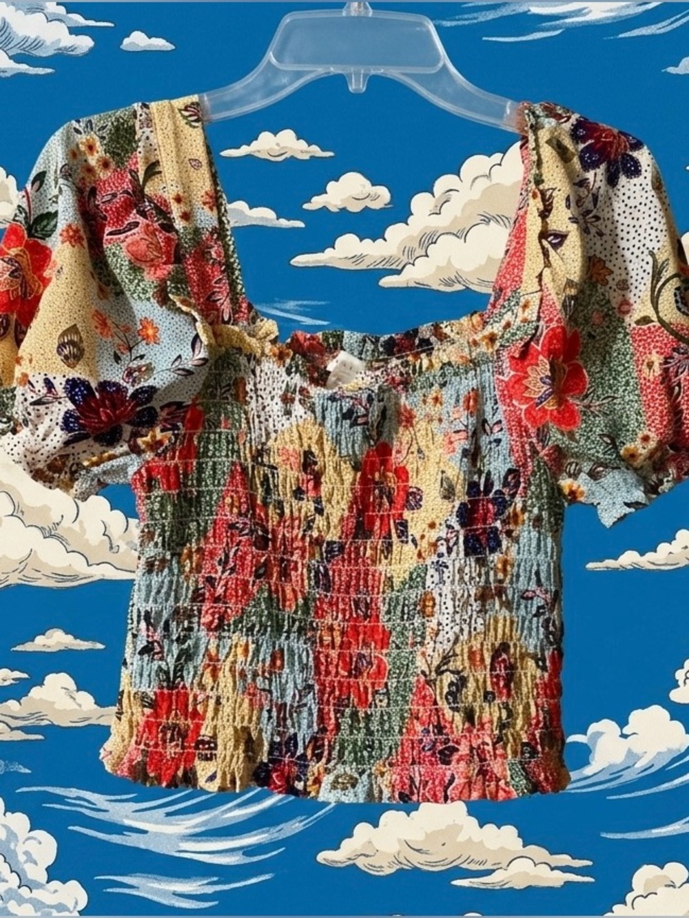 Monteau Patchwork Smocked Puff Sleeve Top